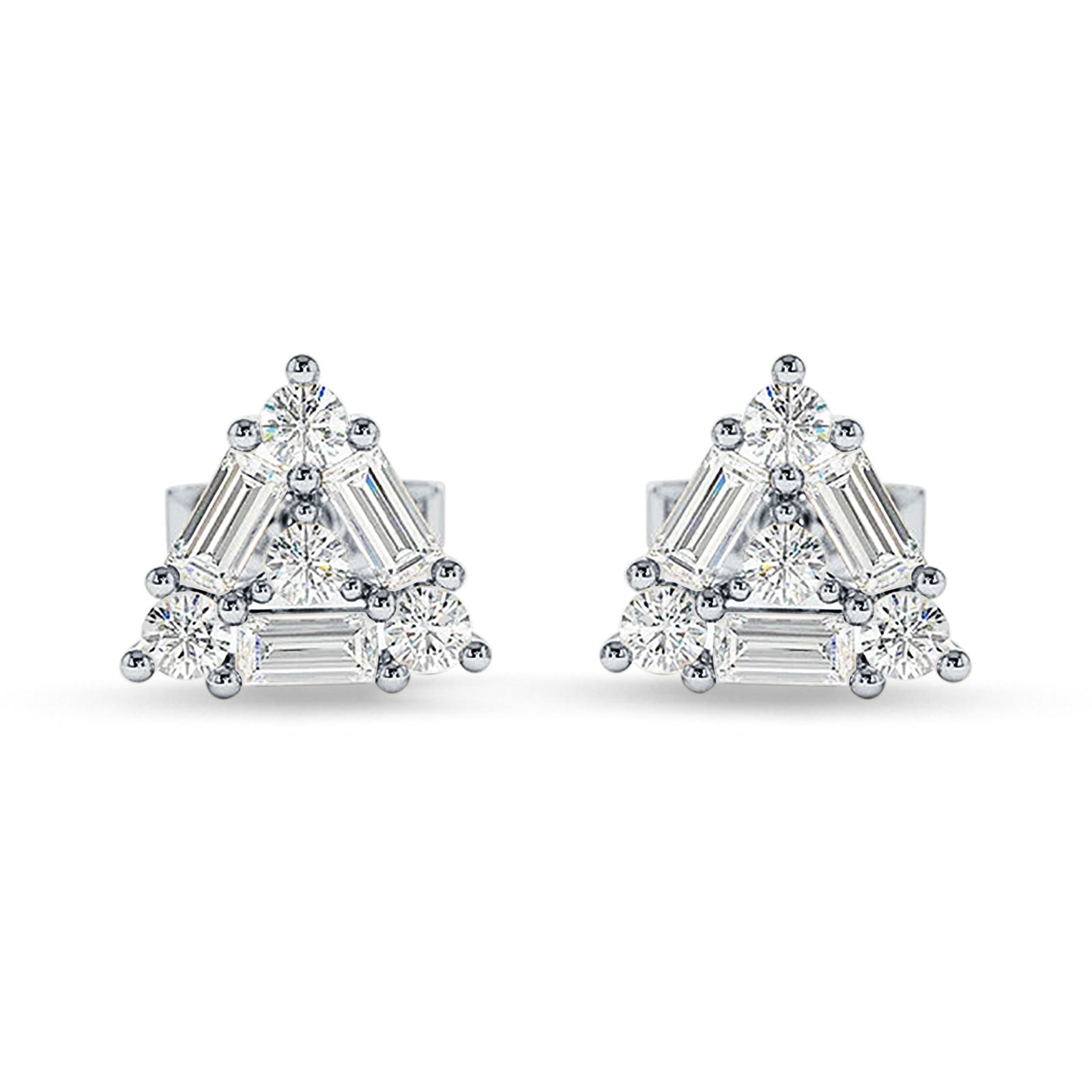 Triangular Shaped Baguette & Round Cubic Zirconia Stud Earring 925 Sterling Silver Wholesale