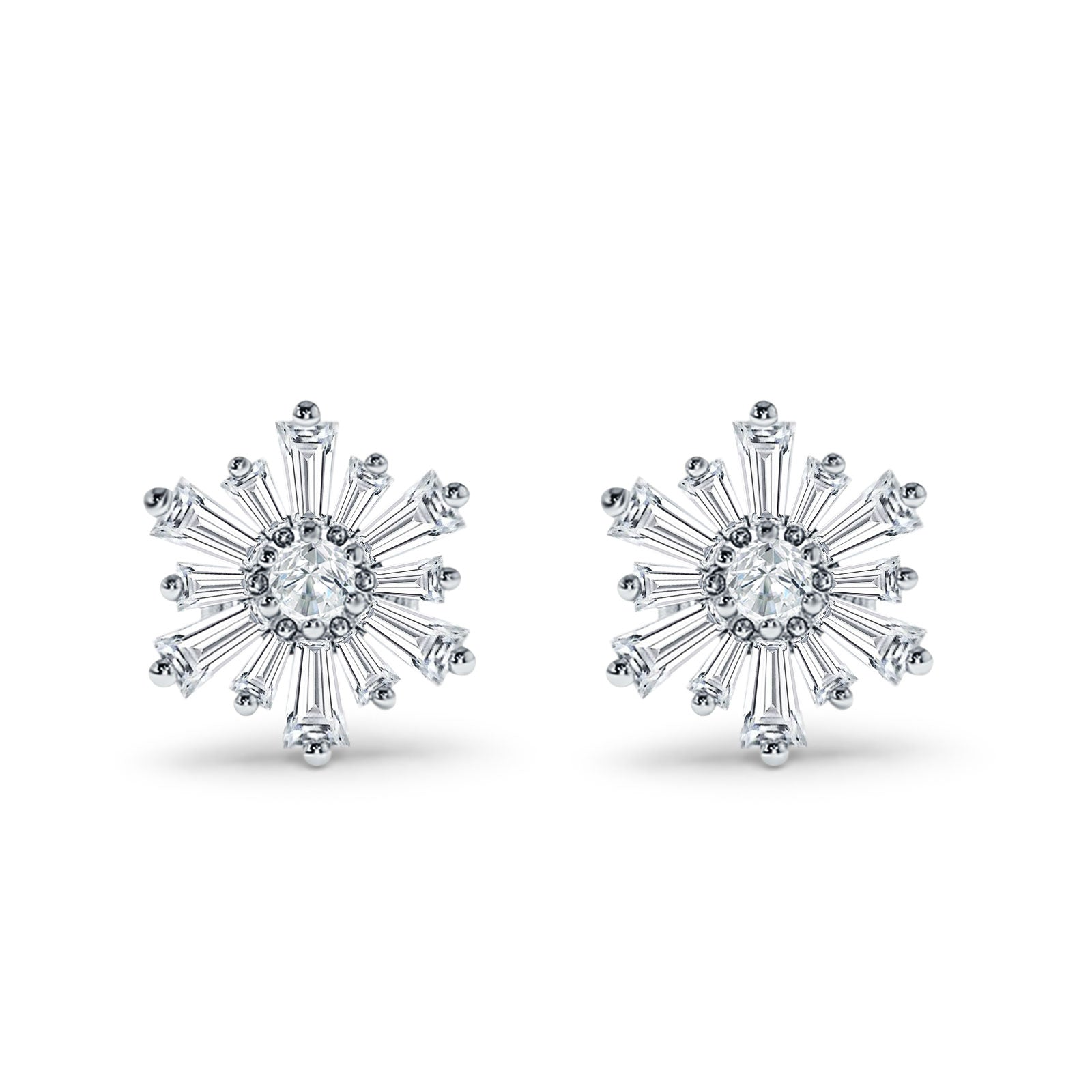 Starburst Stud Earring Flower Baguette & Round Cubic Zirconia 925 Sterling Silver Wholesale