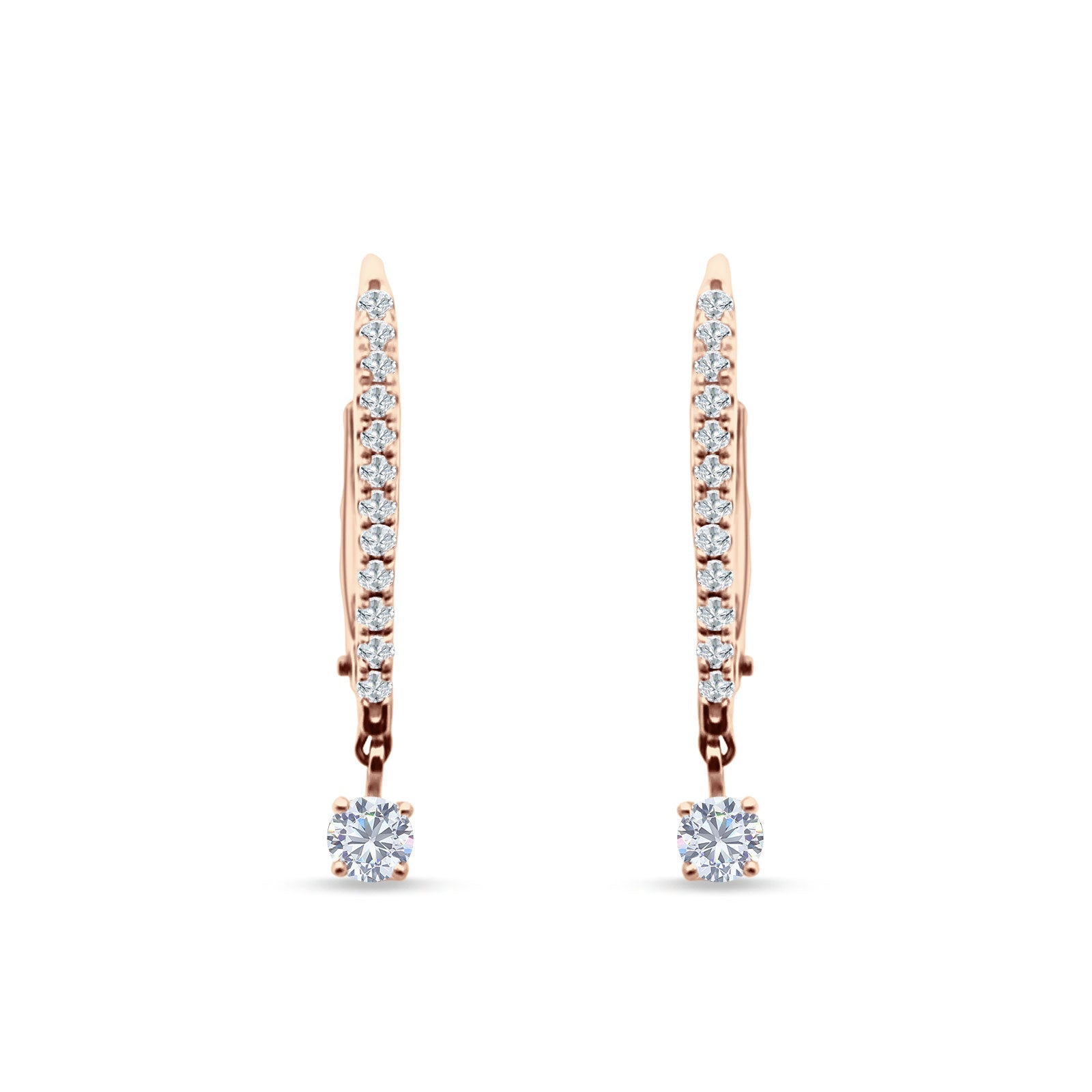 Round Cubic Zirconia Dangle Hoop Leverback Earrings Rose Tone 925 Sterling Silver