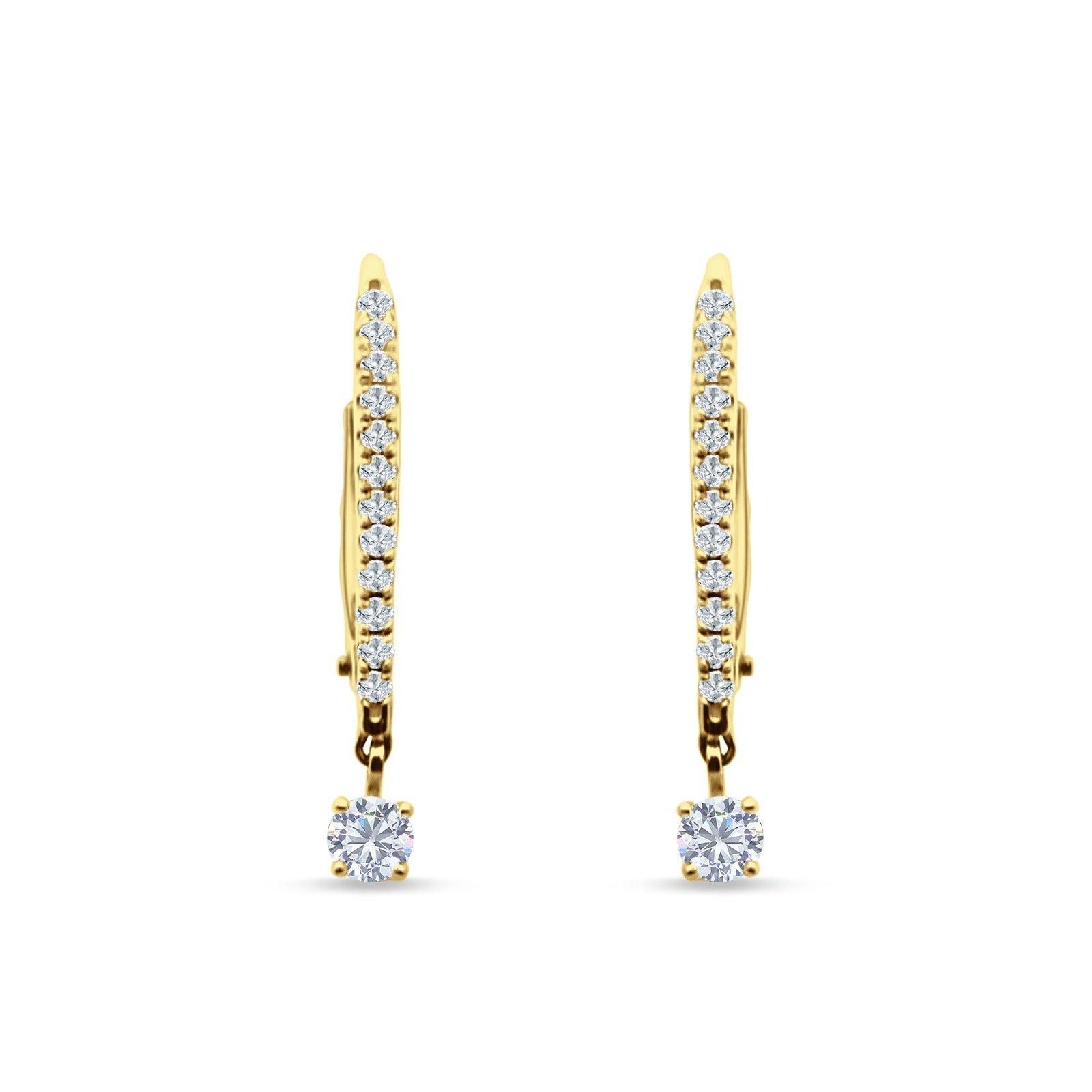 Round CZ Dangle Hoop Leverback Earrings Yellow Tone 925 Sterling Silver