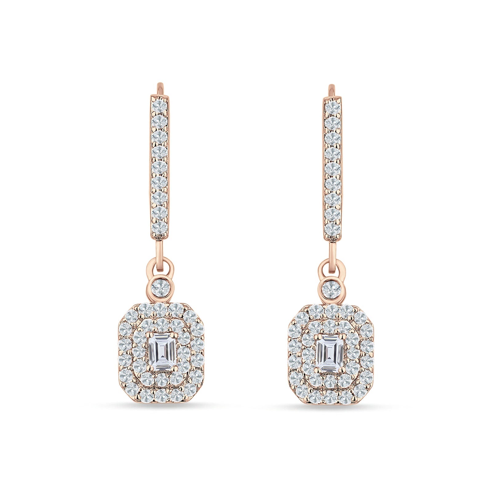 Emerald Cut Cluster CZ Dangle Hoop Leverback Earrings Rose Tone 925 Sterling Silver