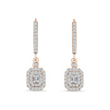 Emerald Cut Cluster CZ Dangle Hoop Leverback Earrings Rose Tone 925 Sterling Silver
