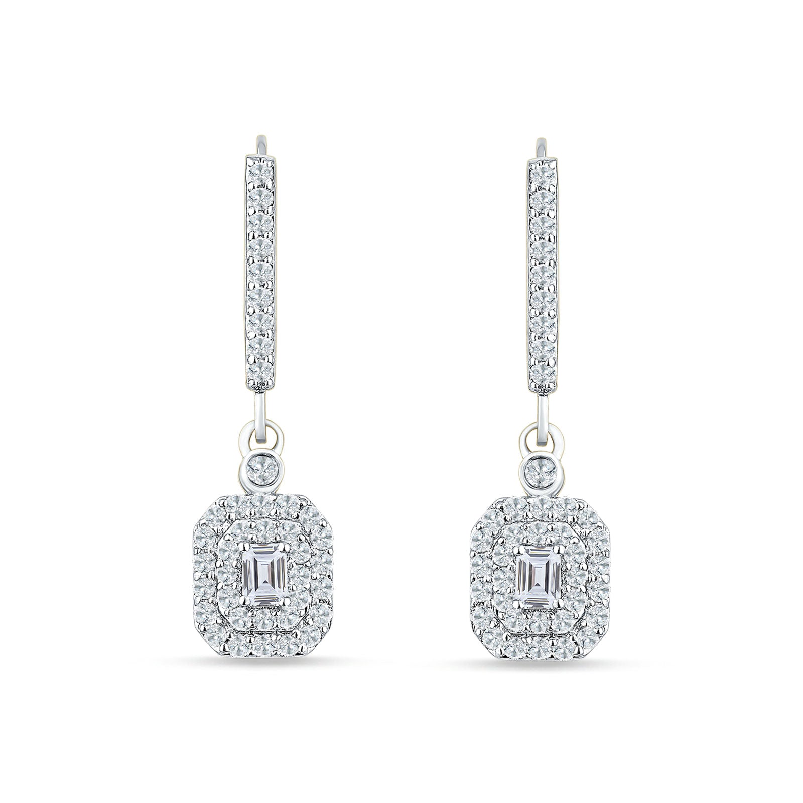 Emerald Cut Cluster CZ Dangle Hoop Leverback Earrings 925 Sterling Silver
