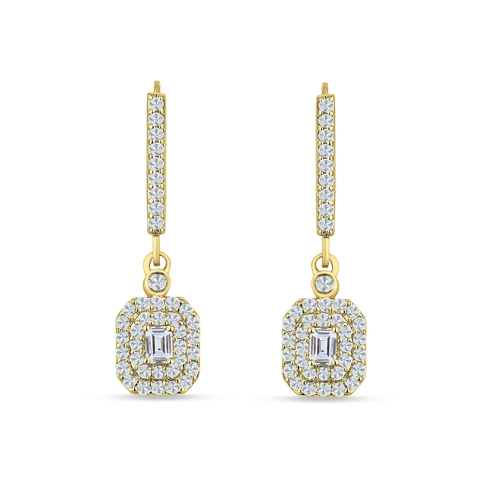 Emerald Cut Cluster CZ Dangle Hoop Leverback Earrings Yellow Tone 925 Sterling Silver