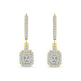 Emerald Cut Cluster CZ Dangle Hoop Leverback Earrings Yellow Tone 925 Sterling Silver