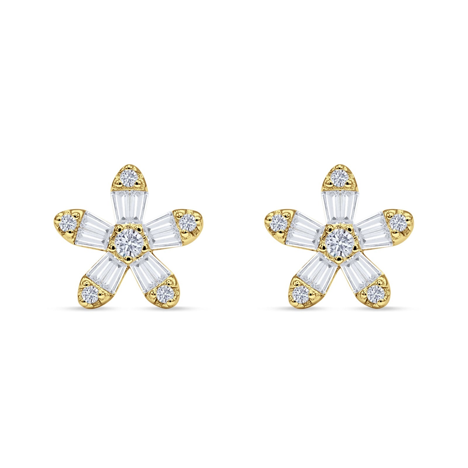 Floral Stud Earrings Cubic Zirconia Yellow Tone 925 Sterling Silver