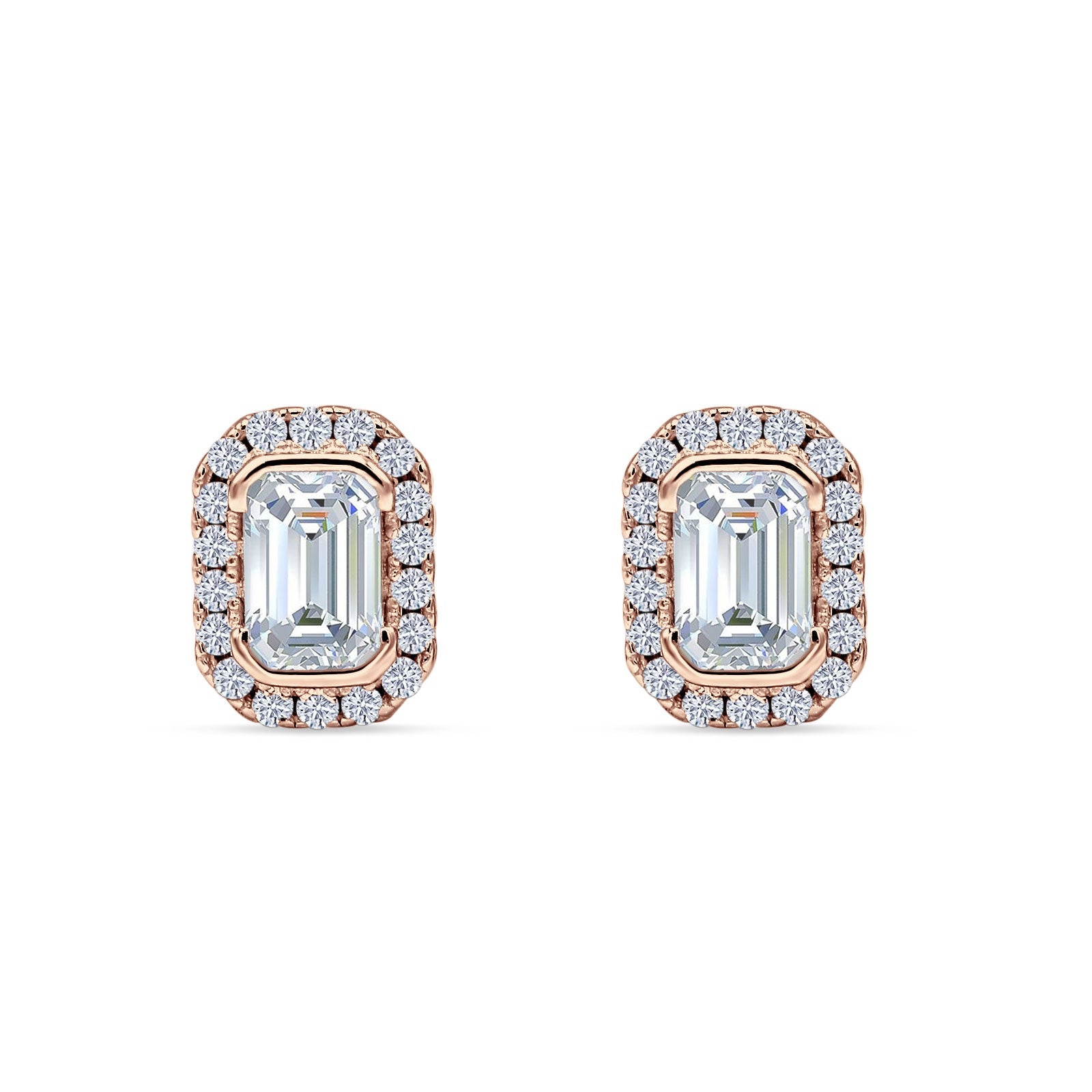 Emerald Cut CZ Halo Stud Earrings Rose Tone 925 Sterling Silver Wholesale