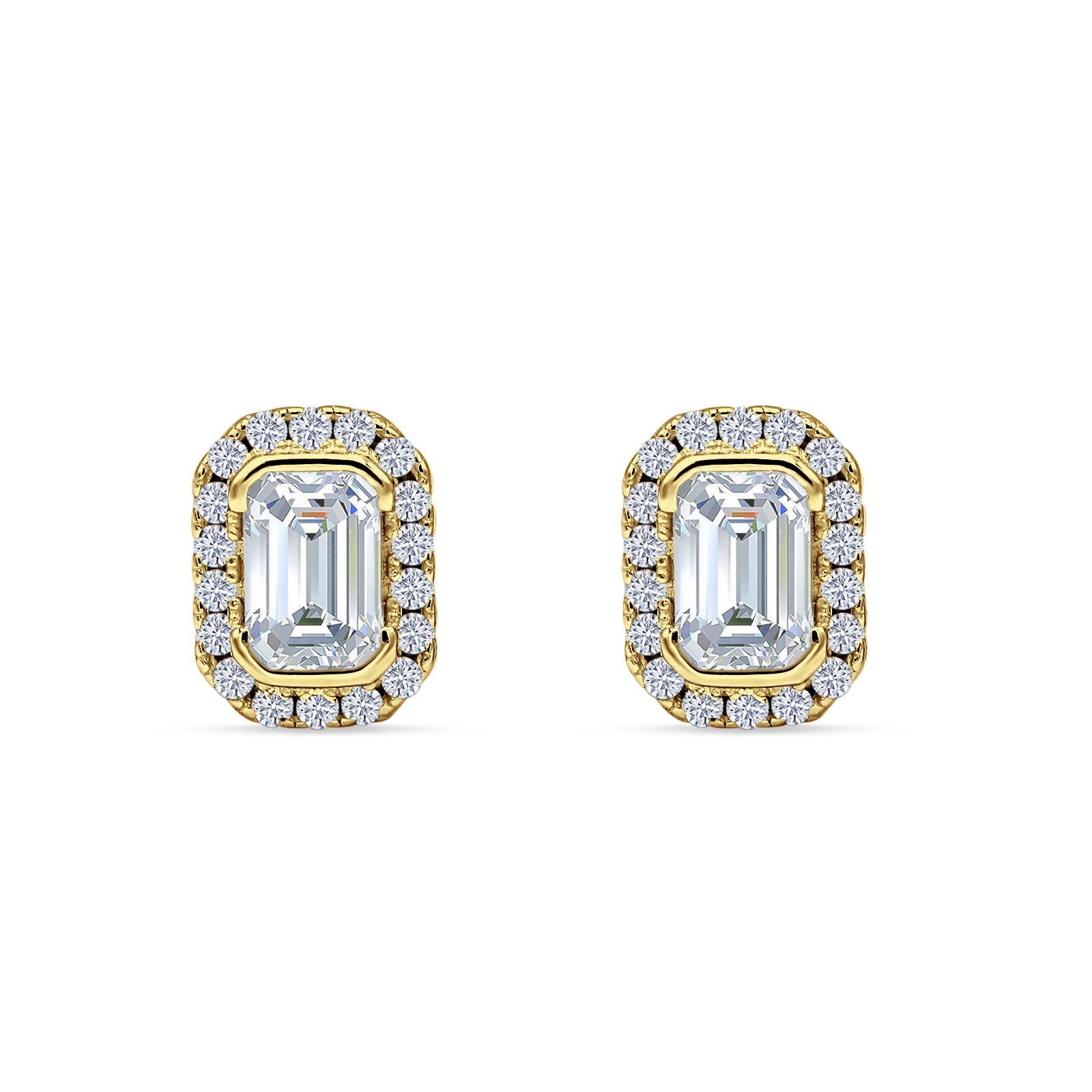 Emerald Cut CZ Halo Stud Earrings Yellow Tone 925 Sterling Silver Wholesale