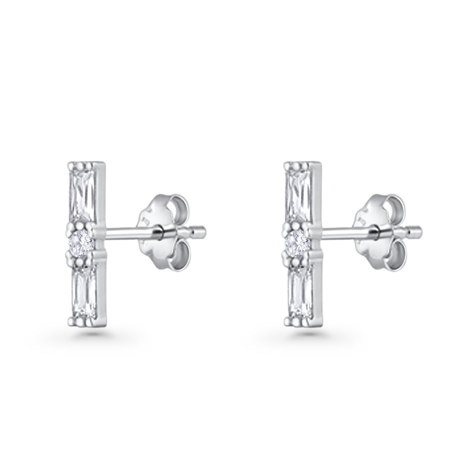 Line Bar Stud Earrings 12.4mm Baguette & Round Cubic Zirconia 925 Sterling Silver Wholesale