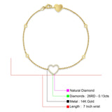 14K Yellow Gold 7" Open Heart Bracelet Round Natural Diamond Wholesale