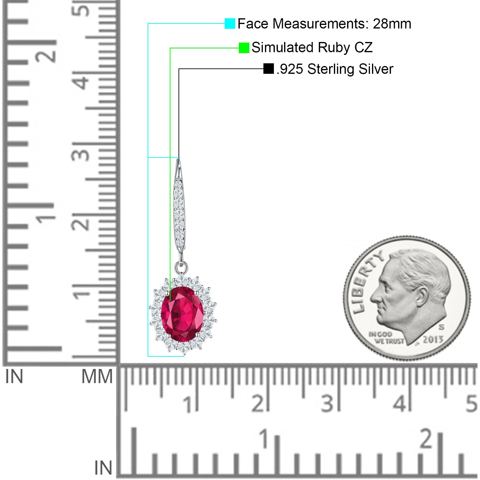 Oval Halo Flower Drop Dangle Leverback Earring Ruby CZ 925 Sterling Silver