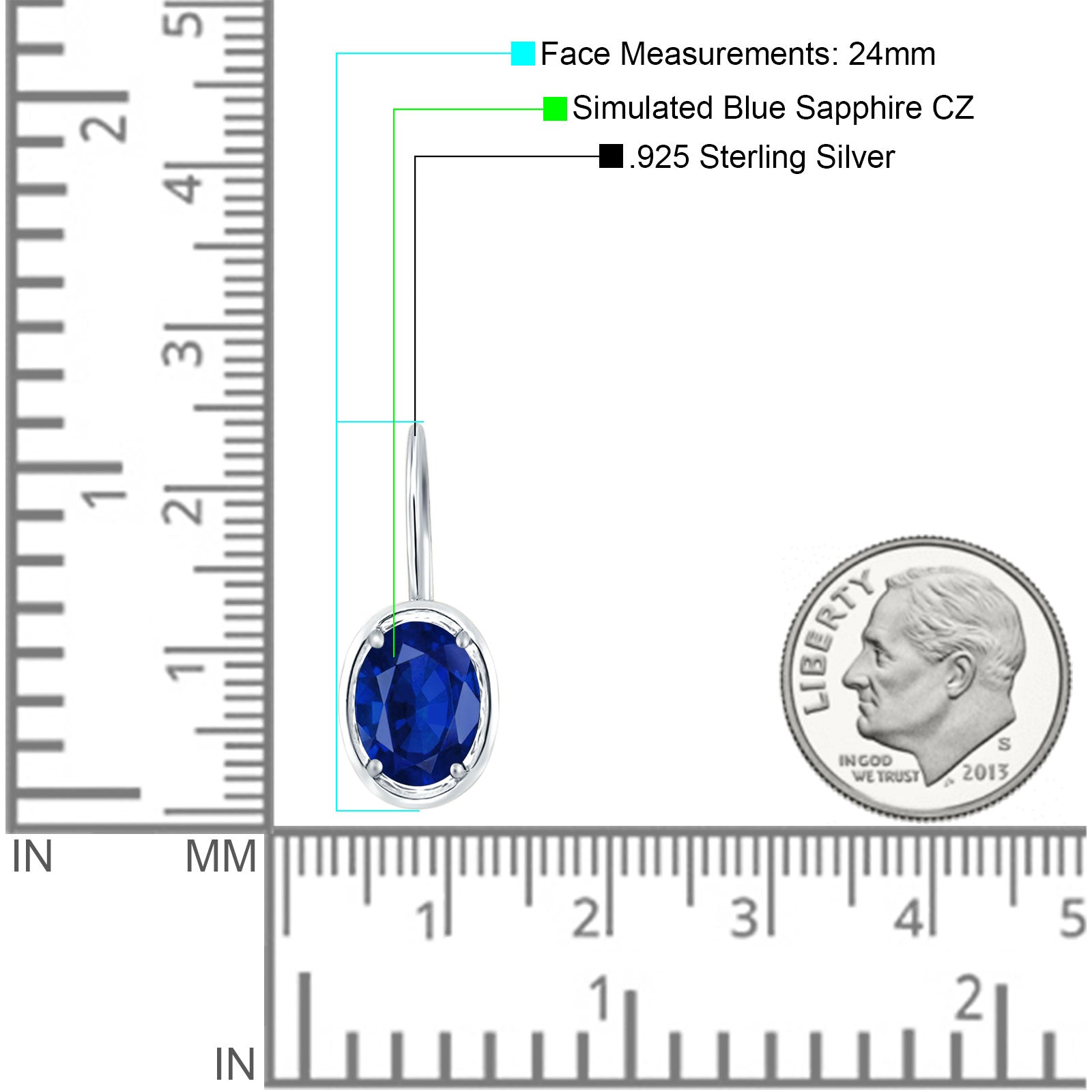 Oval Solitaire Drop Dangle Leverback Earring Blue Sapphire CZ 925 Sterling Silver Wholesale