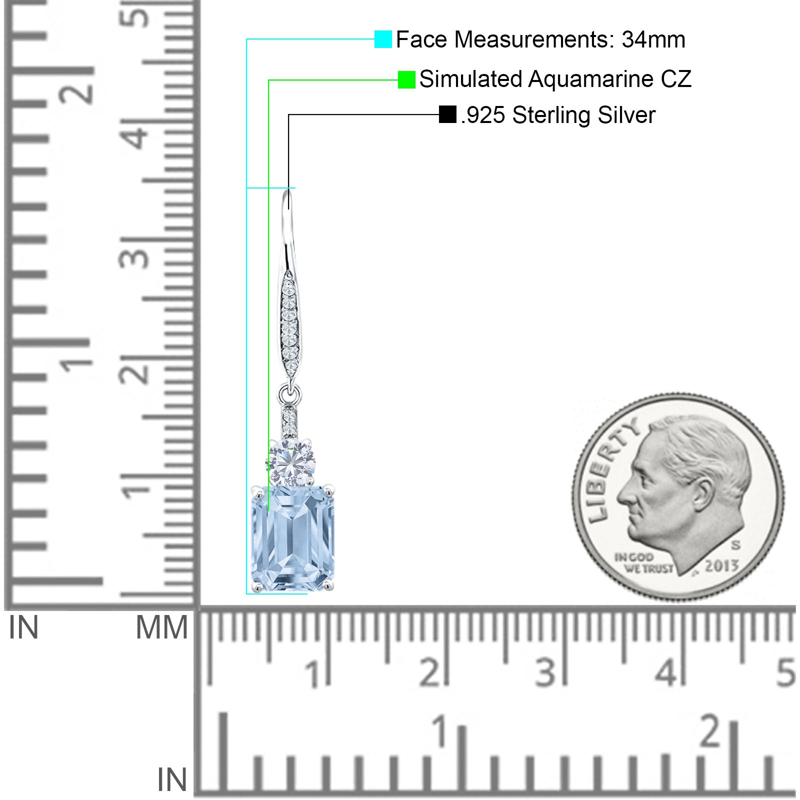 Emerald Cut Oblong Drop Dangle Leverback Earring Aquamarine CZ 925 Sterling Silver