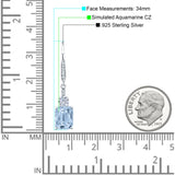 Emerald Cut Oblong Drop Dangle Leverback Earring Aquamarine CZ 925 Sterling Silver