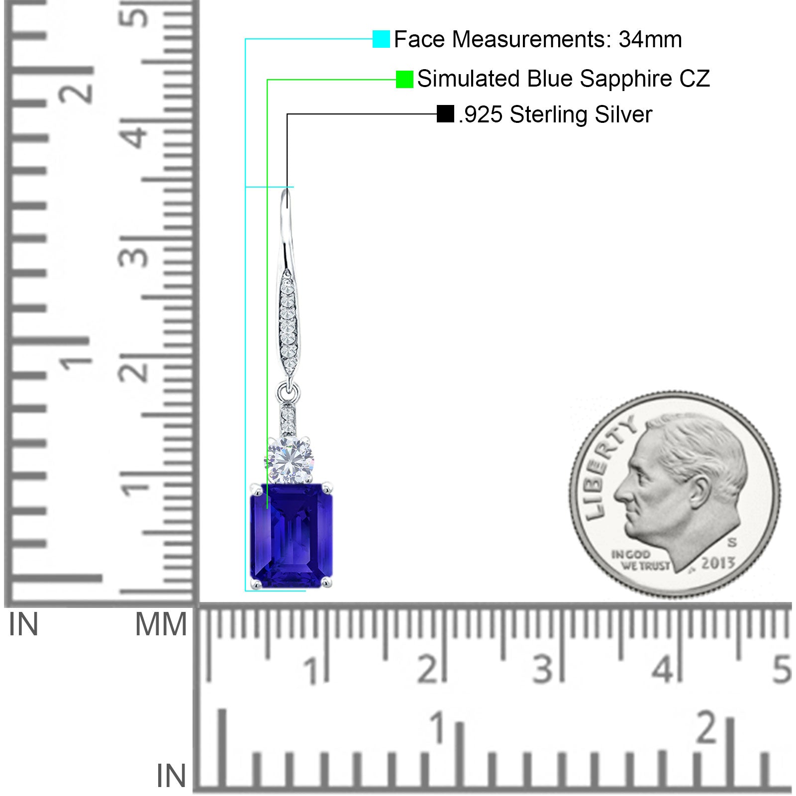 Emerald Cut Oblong Drop Dangle Leverback Earring Blue Sapphire CZ 925 Sterling Silver