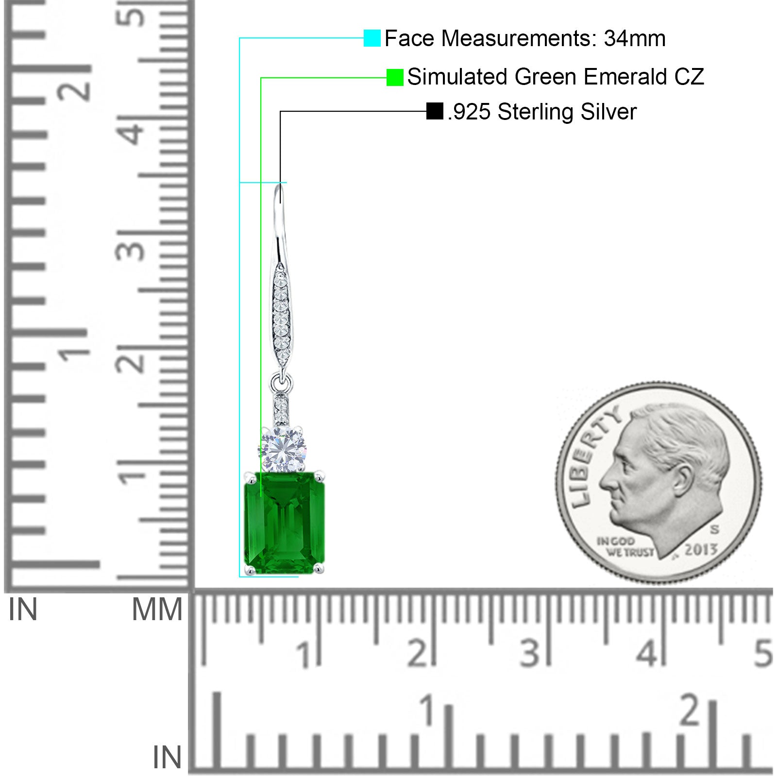 Emerald Cut Oblong Drop Dangle Leverback Earring Green Emerald CZ 925 Sterling Silver