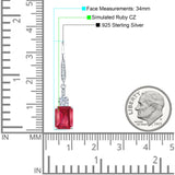 Emerald Cut Oblong Drop Dangle Leverback Earring Ruby CZ 925 Sterling Silver