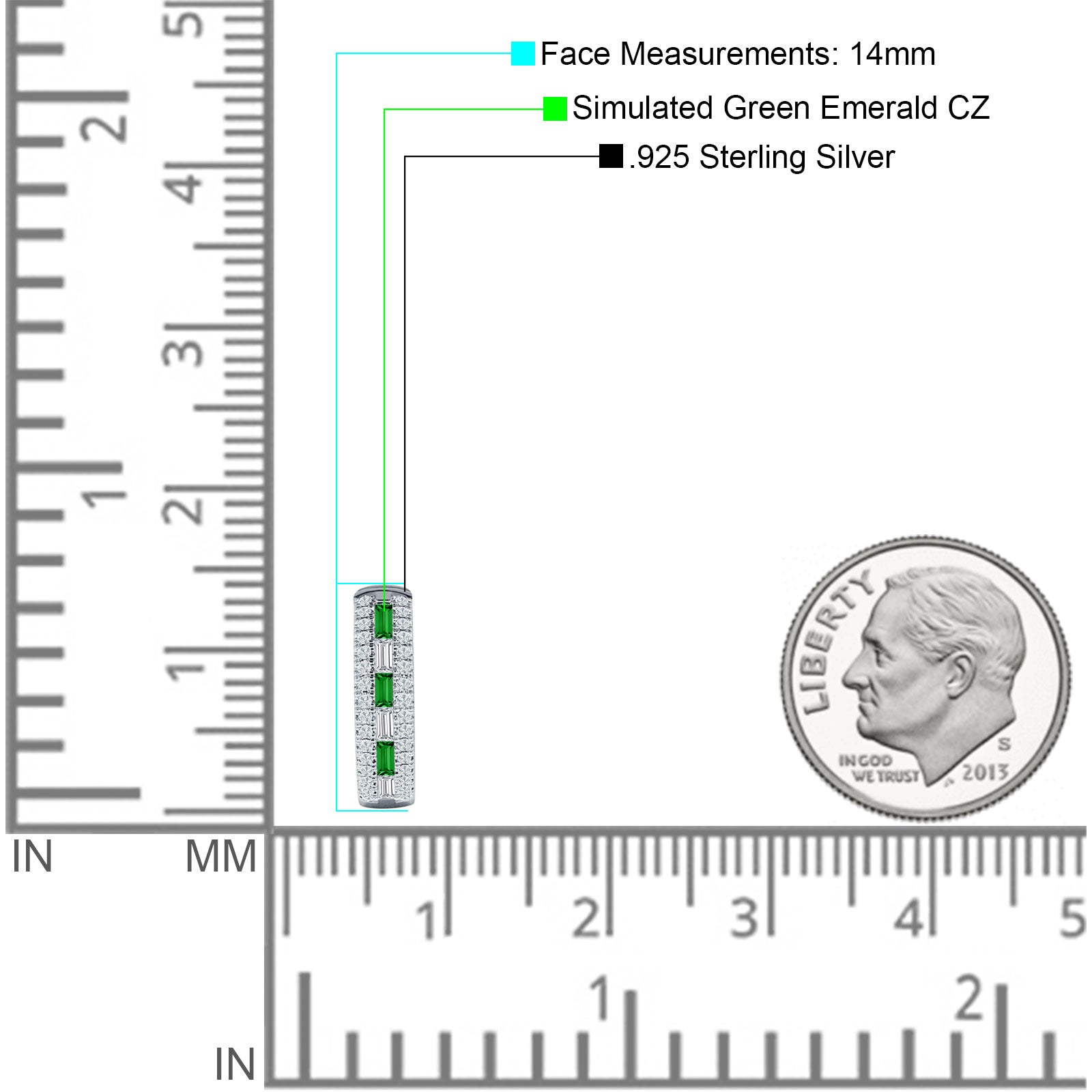 Round & Baguette Green Emerald CZ Huggie Hoop Earring 925 Sterling Silver Wholesale