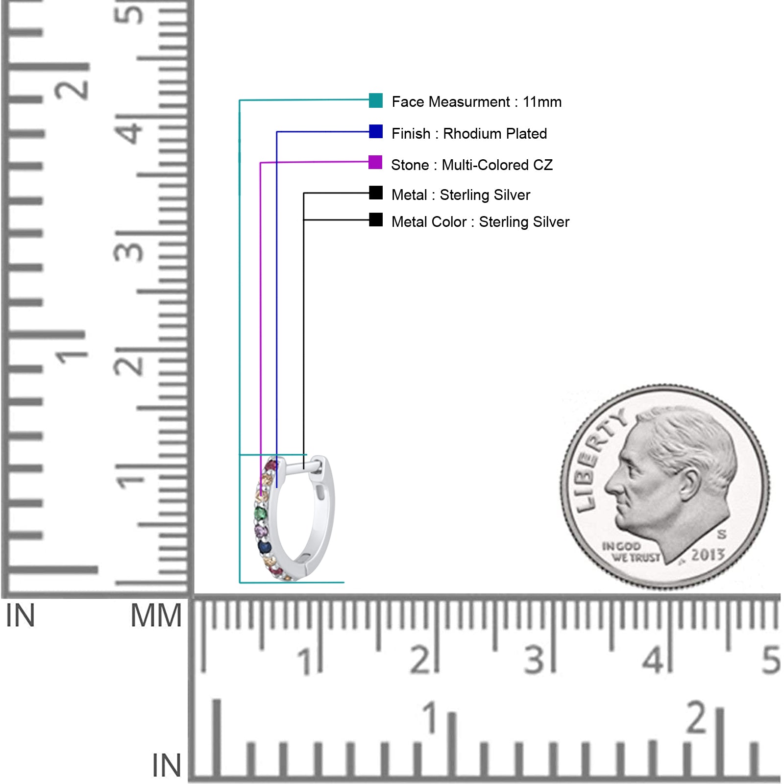 Minimalist 1.5mm Multicolor Cubic Zirconia Huggie Hoop Earrings 925 Sterling Silver Wholesale