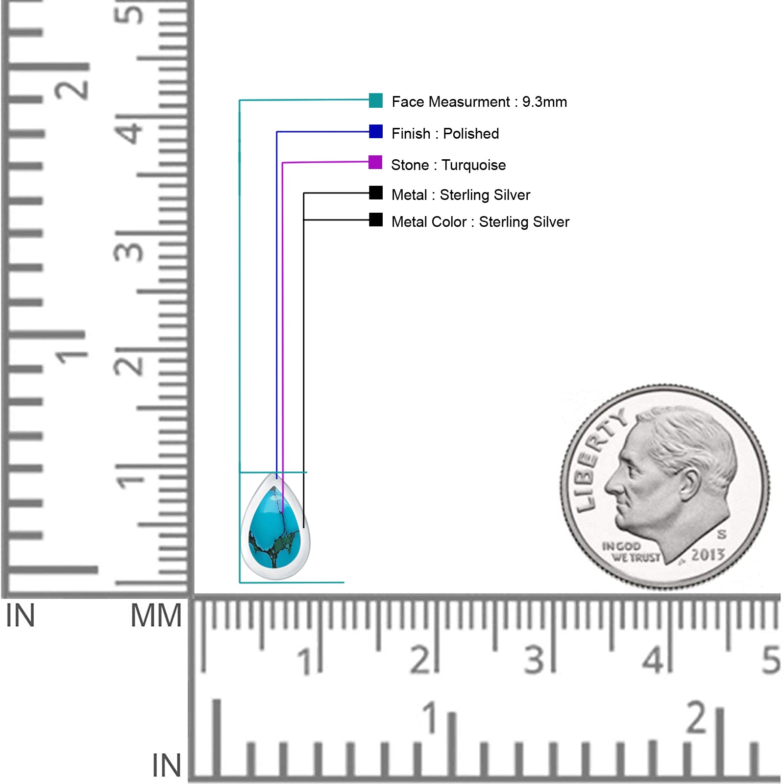 Pear Teardrop 9.3mm Solitaire Turquoise Stud Earring 925 Sterling Silver Wholesale
