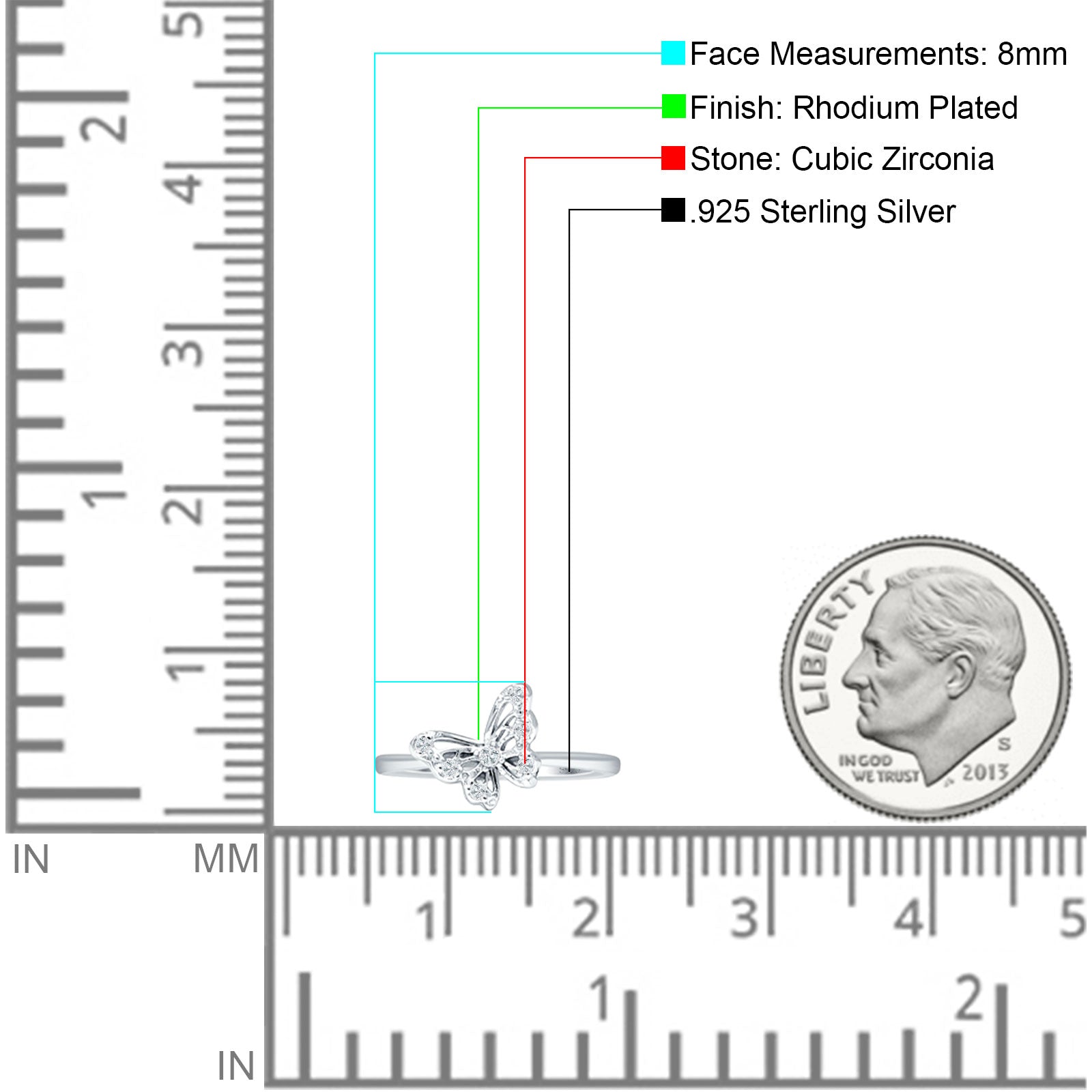 Butterfly Filigree Ring Cubic Zirconia 8mm Statement 925 Sterling Silver Wholesale