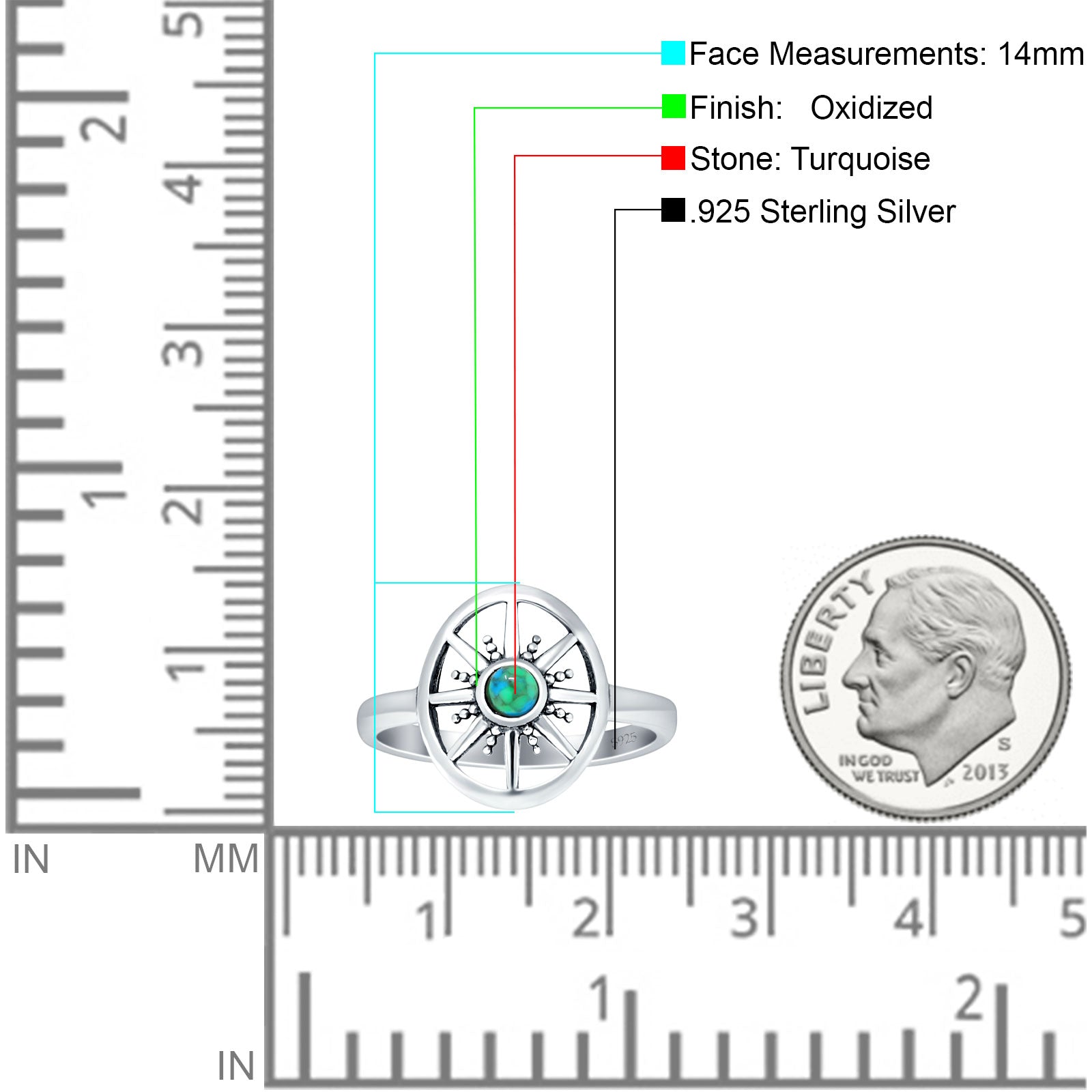 Turquoise Round 14mm Compass Ring Oxidized 925 Sterling Silver Wholesale