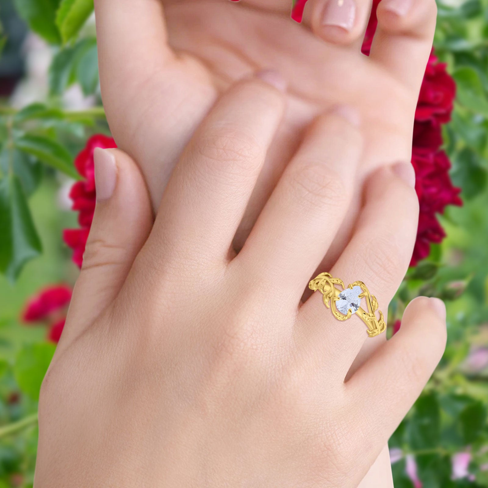 14K Yellow Gold Art Deco Leaves Pear Vintage Style Bridal Ring Simulated Cubic Zirconia Wedding Engagement Ring