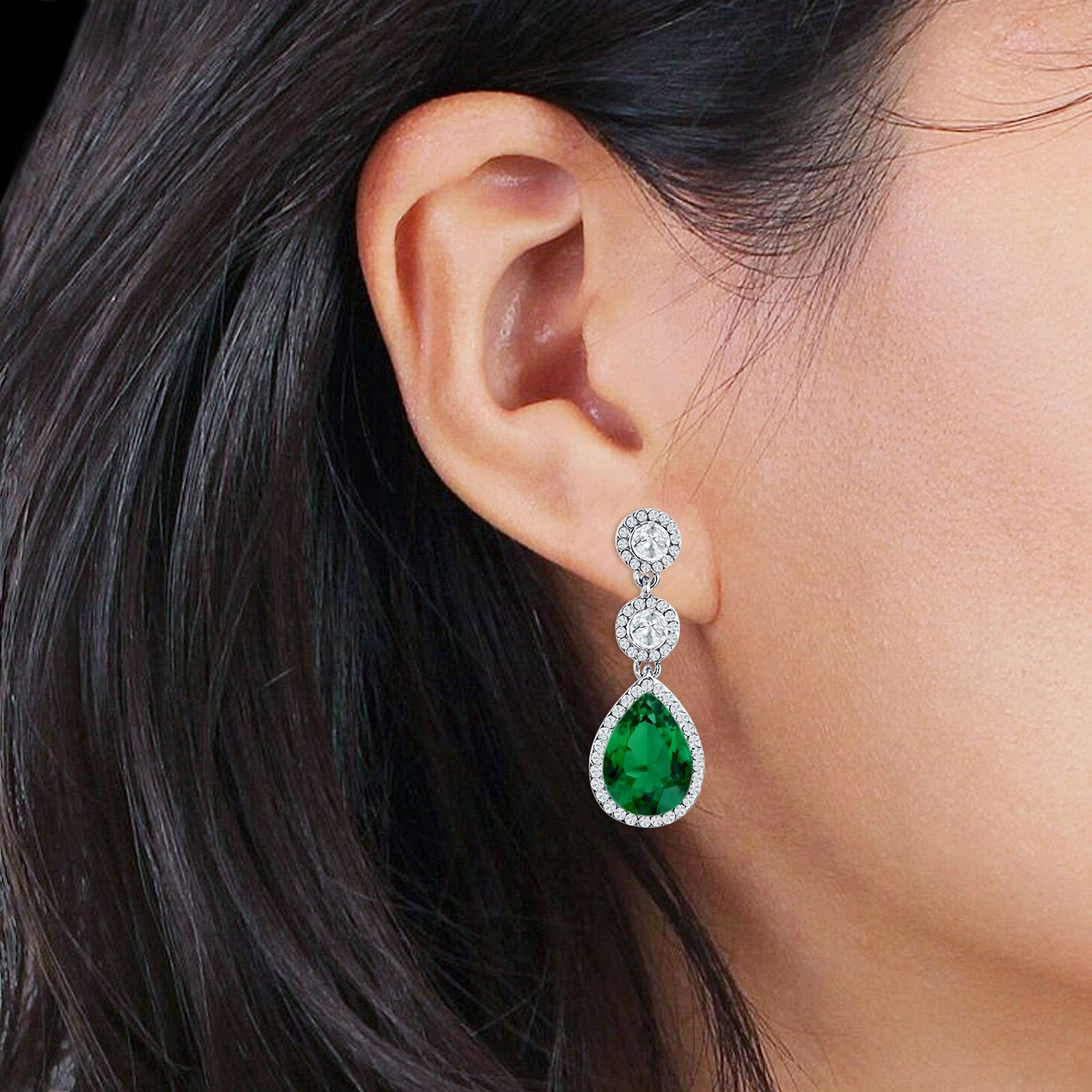 Pear Teardrop Halo Drop Dangle Earring Green Emerald CZ 925 Sterling Silver Wholesale