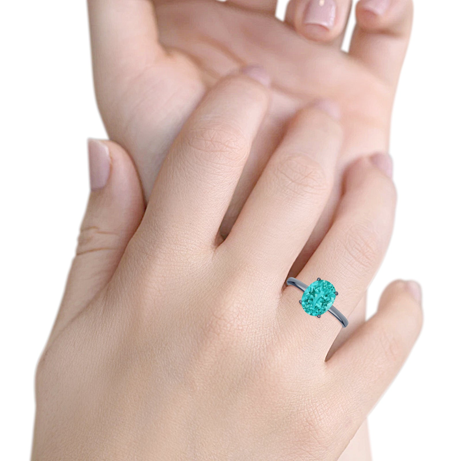 Solitaire Engagement Ring Oval Black Tone, Simulated Paraiba Tourmaline CZ 925 Sterling Silver