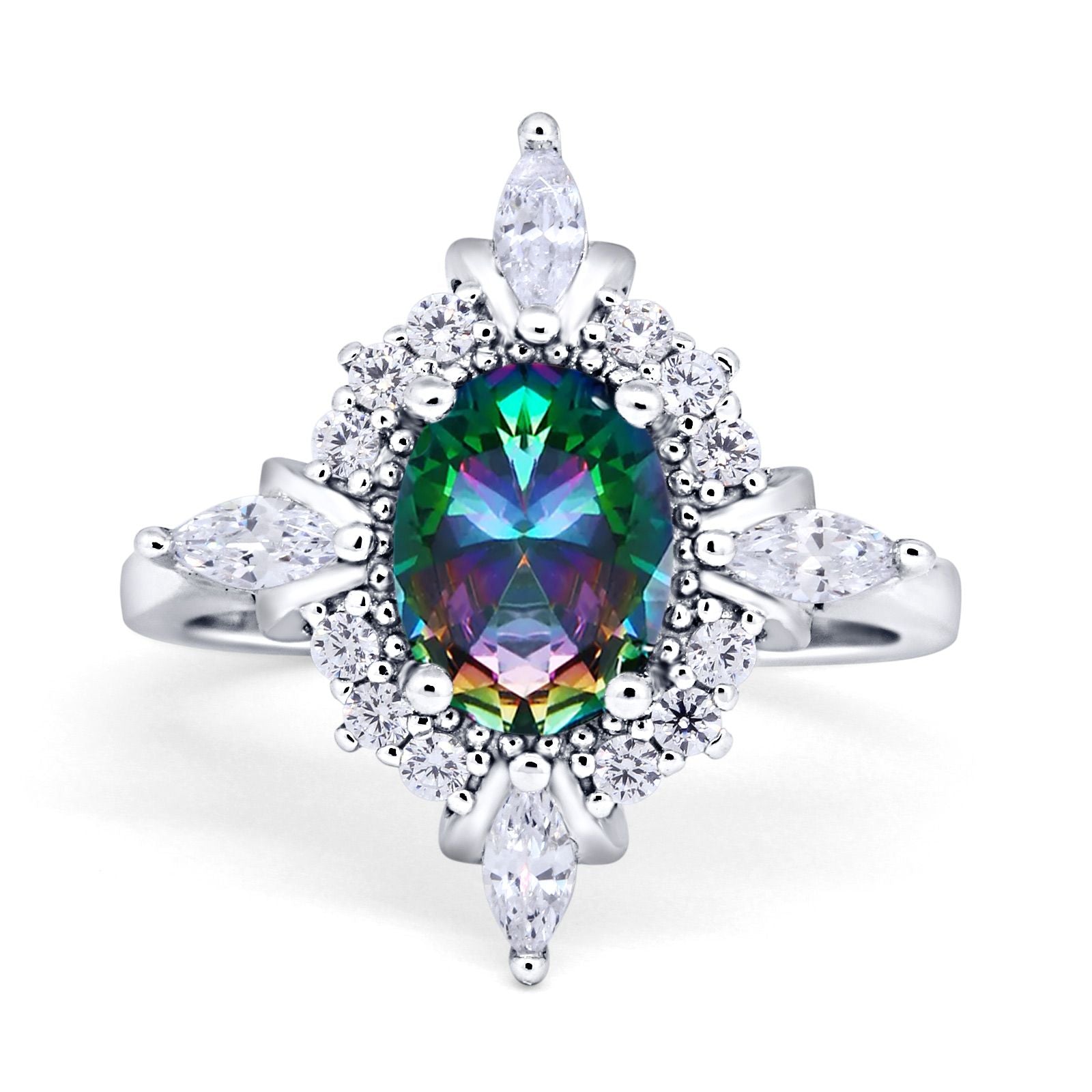 Vintage Style Oval Rainbow CZ Halo Engagement Ring 925 Sterling Silver Wholesale