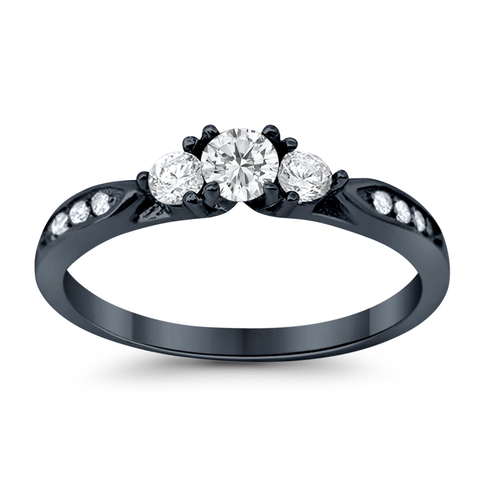 3-Stone Engagement Promise Ring Black Tone, Simulated Cubic Zirconia 925 Sterling Silver