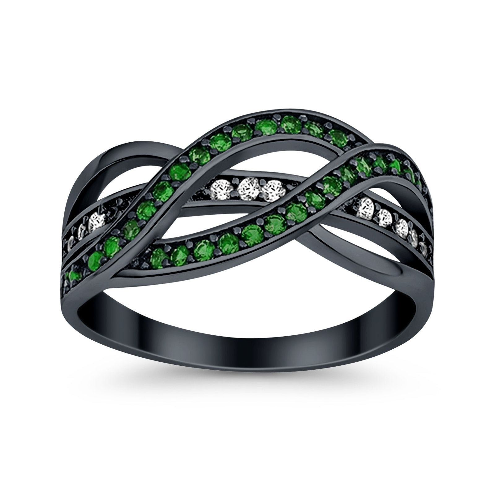 Half Eternity Weave Knot Ring Black Tone, Simulated Green Emerald CZ 925 Sterling Silver