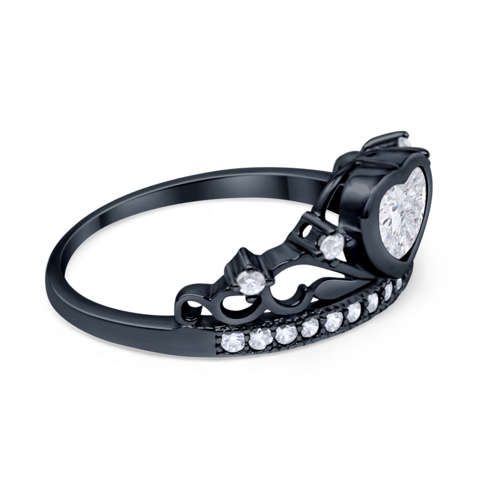 Heart Crown Ring Eternity Black Tone, Simulated Cubic Zirconia 925 Sterling Silver