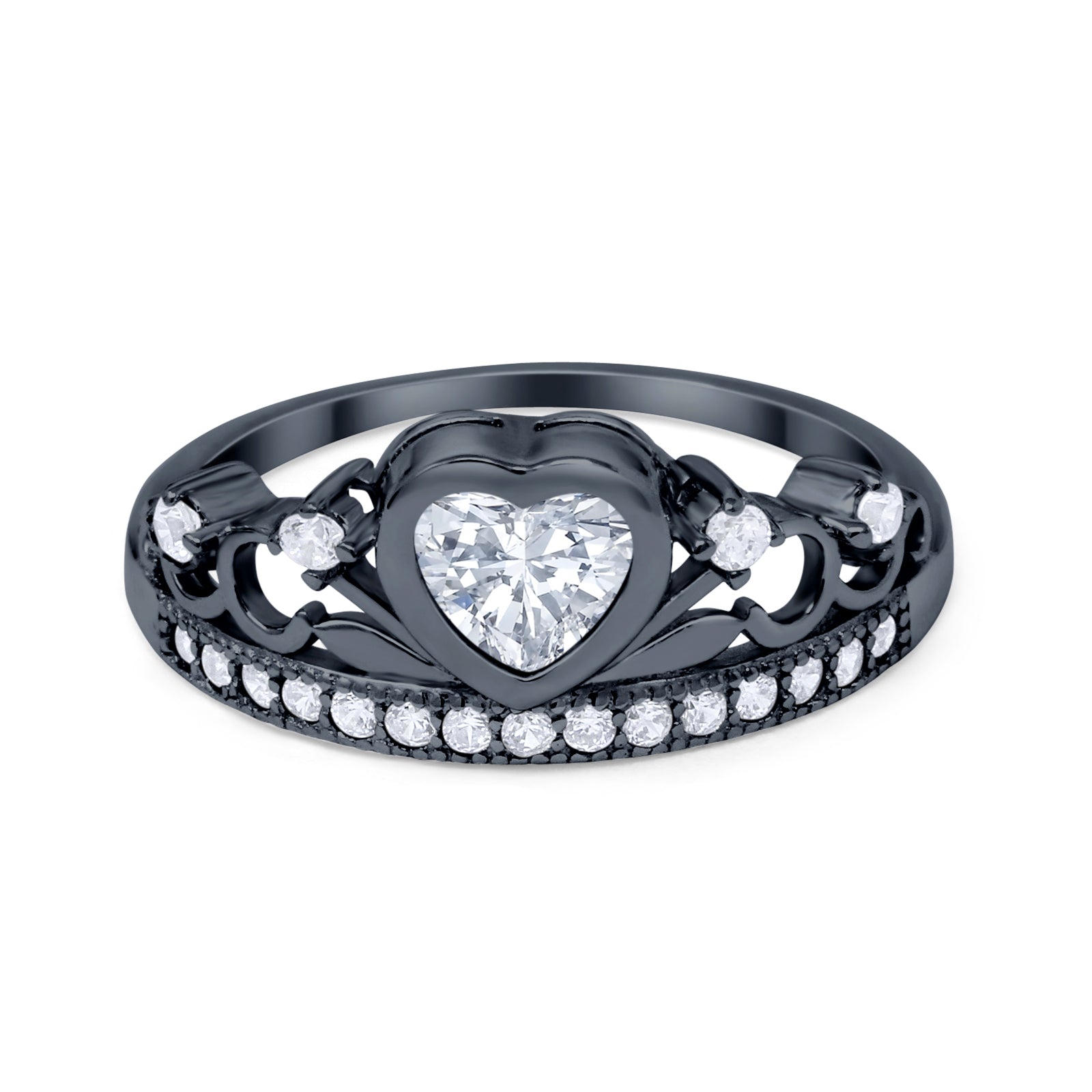 Heart Crown Ring Eternity Black Tone, Simulated Cubic Zirconia 925 Sterling Silver