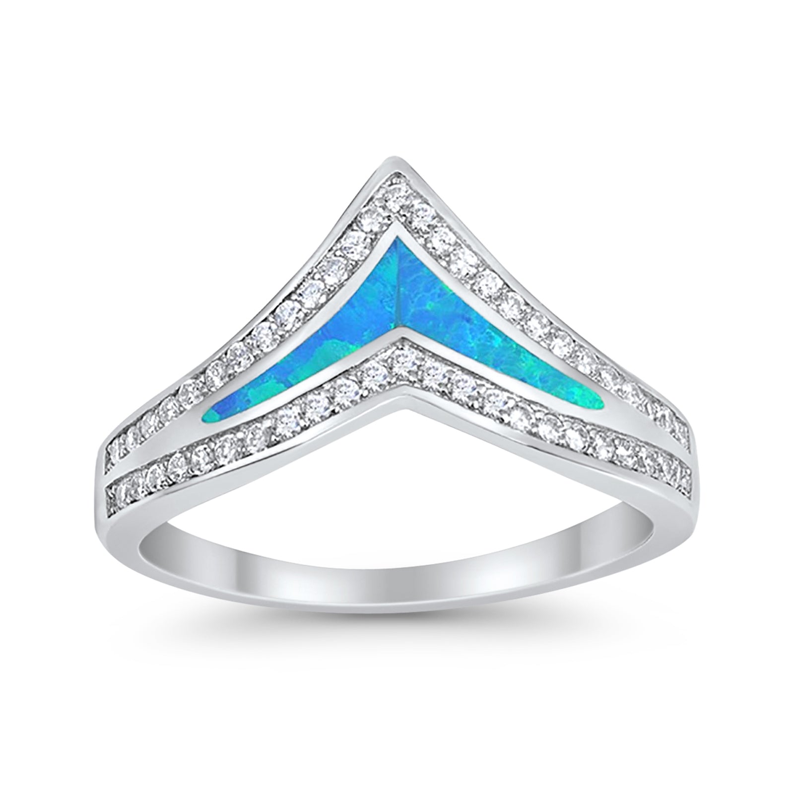 Chevron Midi V Ring Band Created Blue Opal Round CZ 925 Sterling Silver