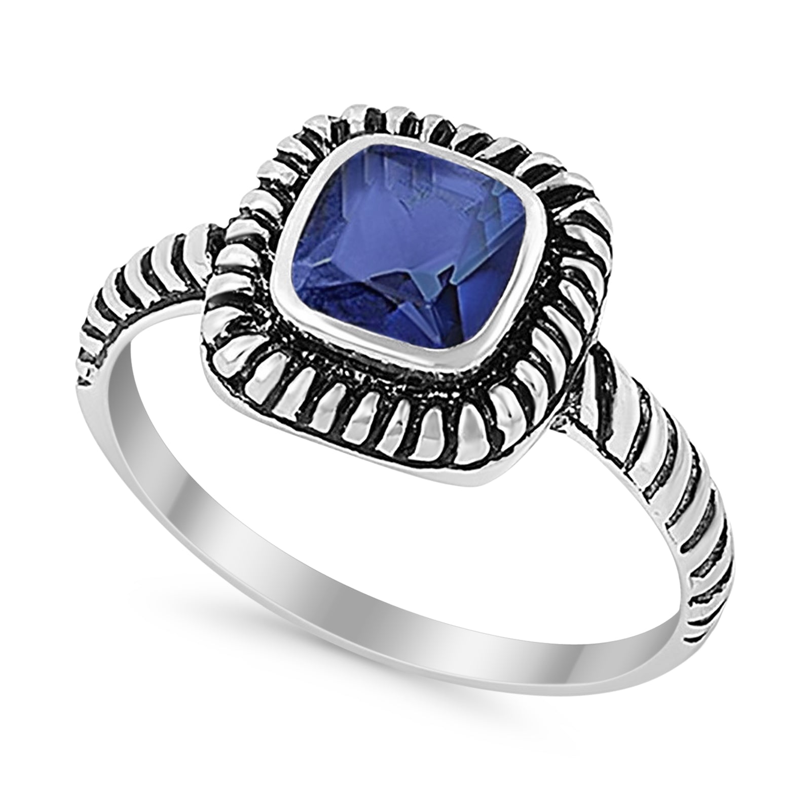 Princess Cut Simulated Blue Sapphire Cubic Zirconia Oxidized Design Ring 925 Sterling Silver
