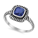 Princess Cut Simulated Blue Sapphire Cubic Zirconia Oxidized Design Ring 925 Sterling Silver