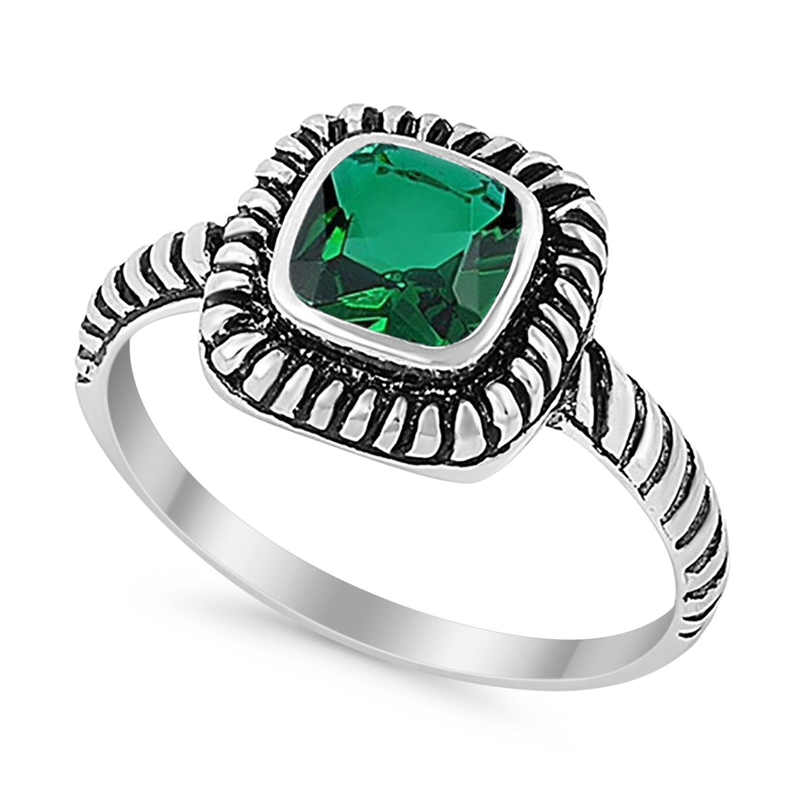 Princess Cut Simulated Green Emerald Cubic Zirconia Oxidized Design Ring 925 Sterling Silver