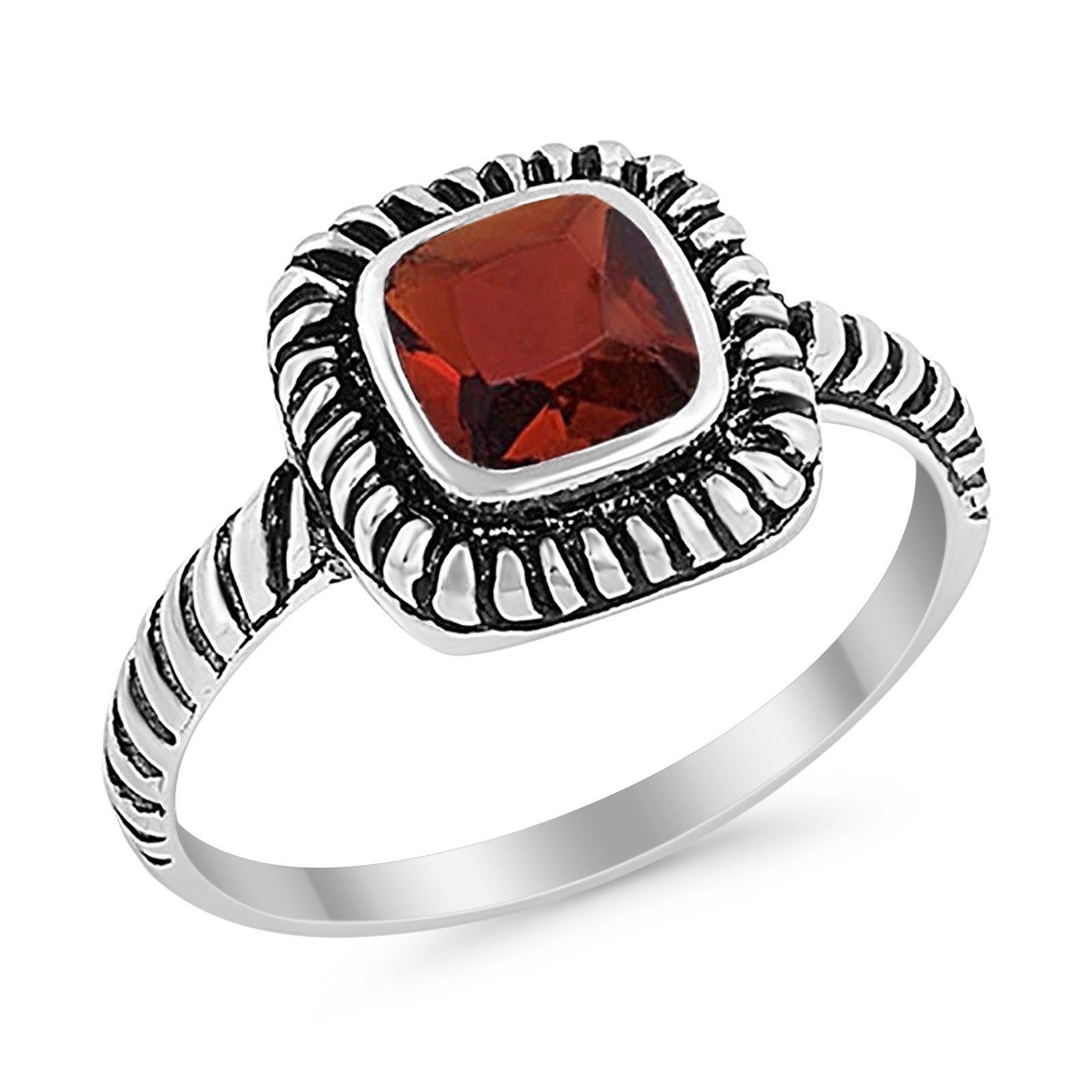 Princess Cut Simulated Red Garnet Cubic Zirconia Oxidized Design Ring 925 Sterling Silver