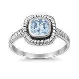 Princess Cut Simulated Aquamarine Cubic Zirconia Oxidized Design Ring 925 Sterling Silver