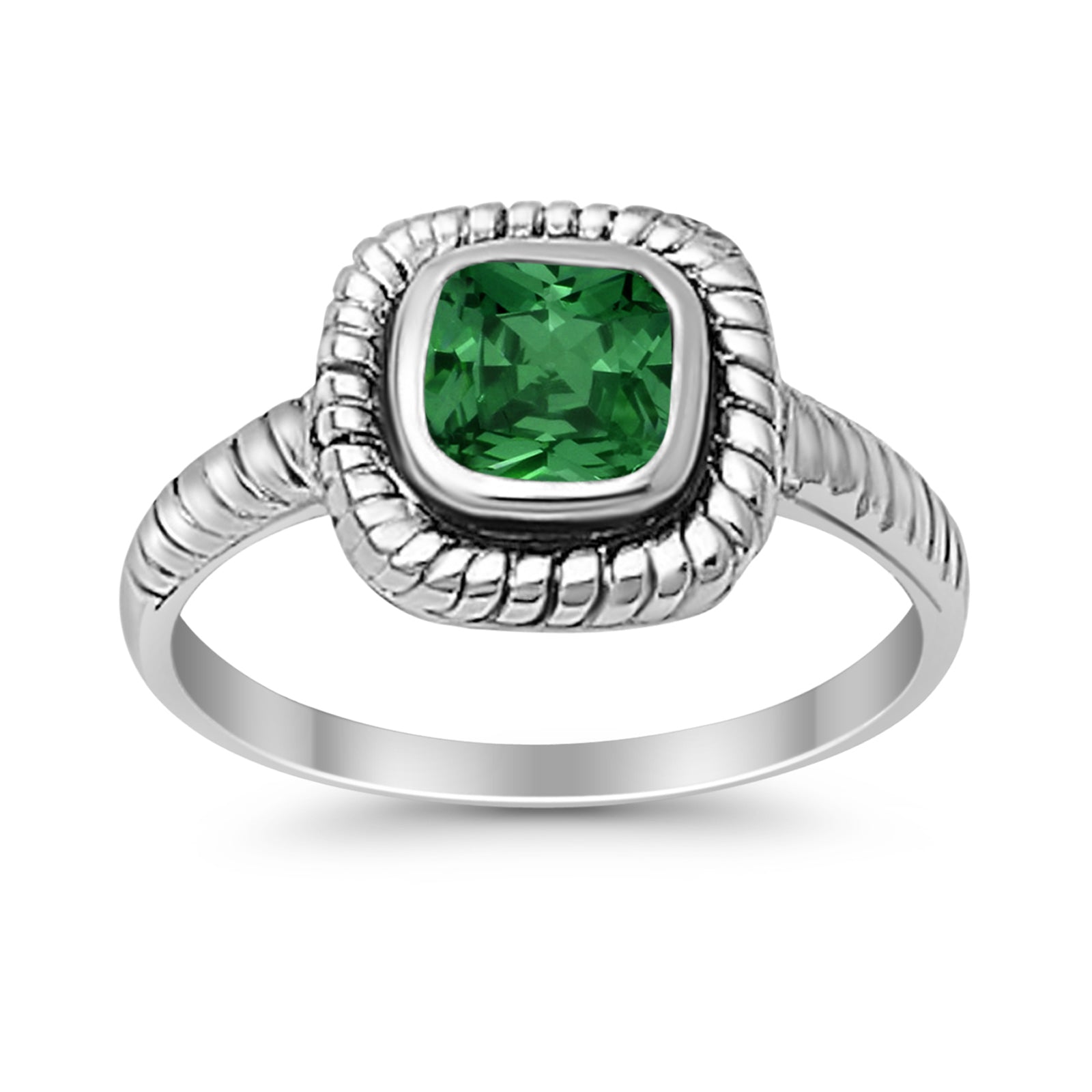Princess Cut Simulated Green Emerald Cubic Zirconia Oxidized Design Ring 925 Sterling Silver