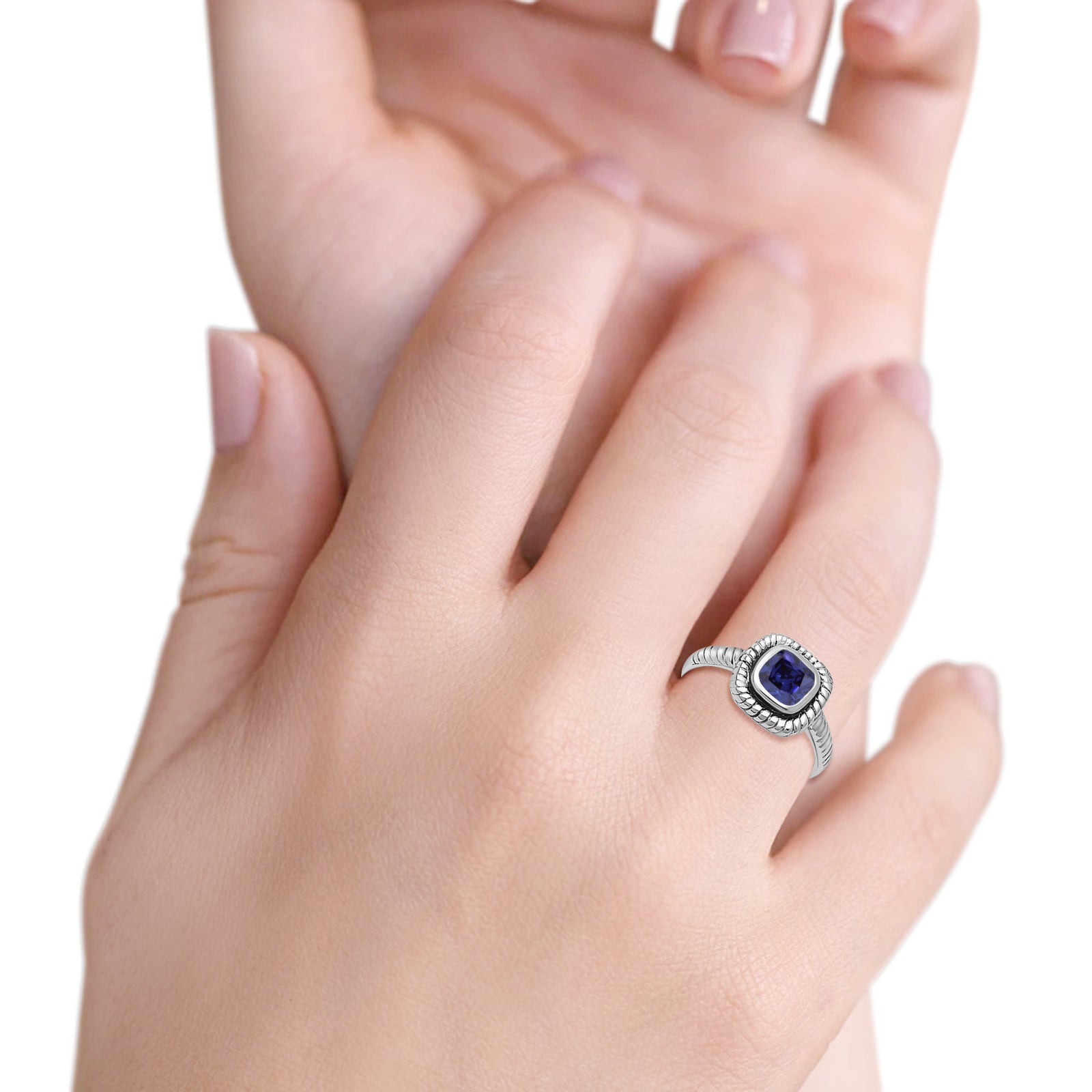 Princess Cut Simulated Blue Sapphire Cubic Zirconia Oxidized Design Ring 925 Sterling Silver