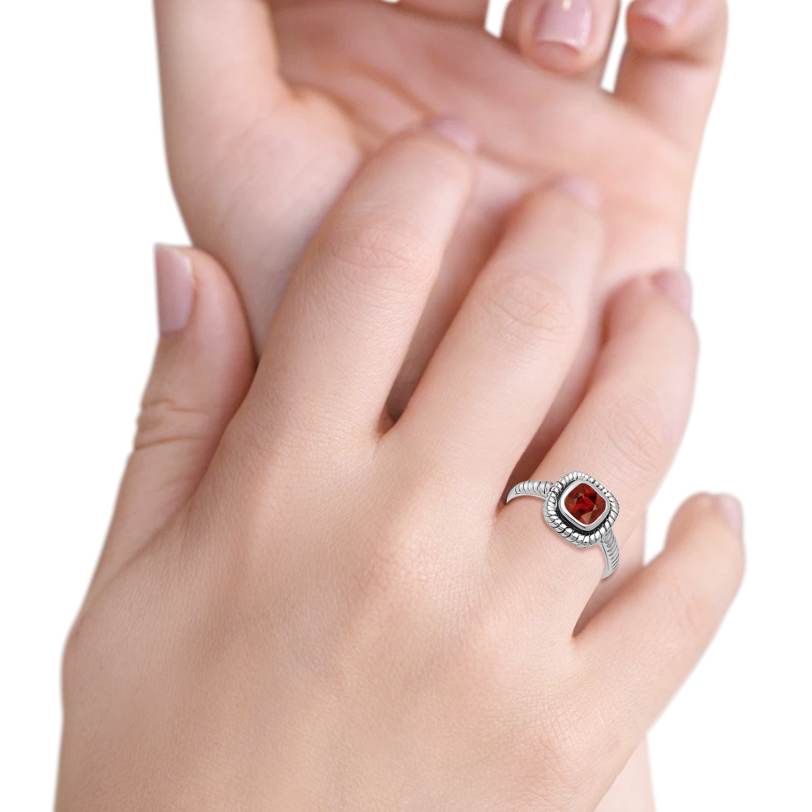 Princess Cut Simulated Red Garnet Cubic Zirconia Oxidized Design Ring 925 Sterling Silver