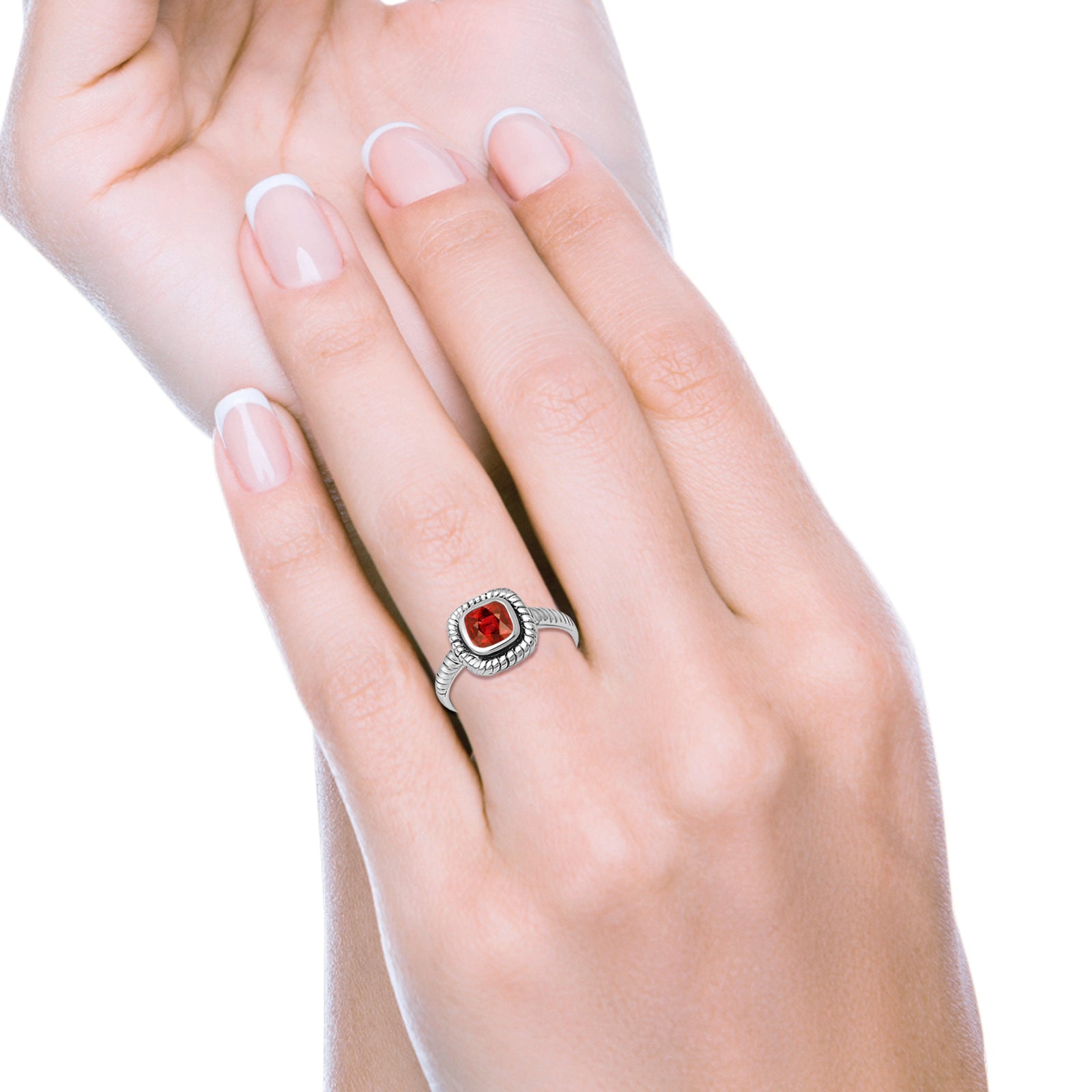 Princess Cut Simulated Red Garnet Cubic Zirconia Oxidized Design Ring 925 Sterling Silver