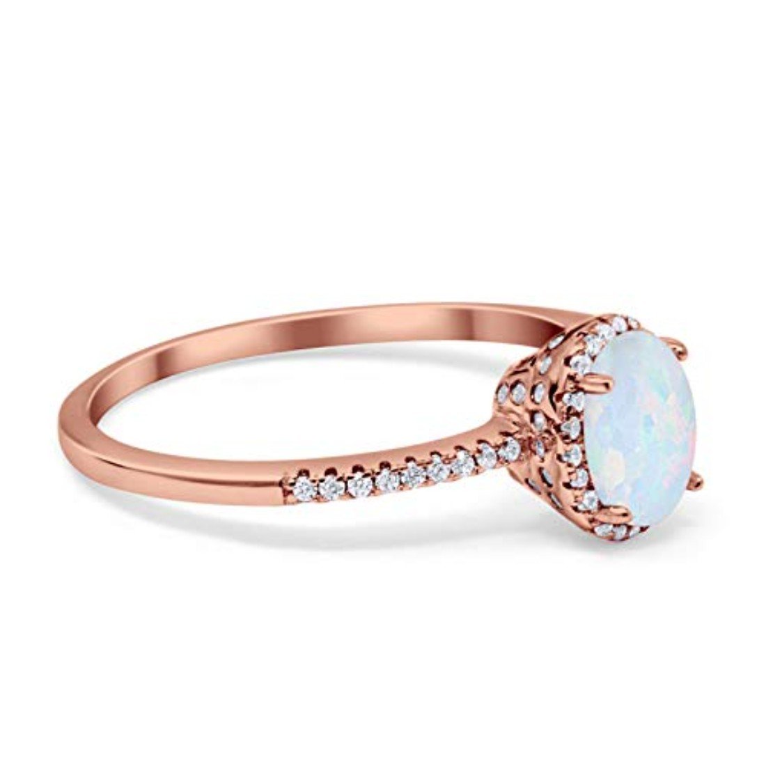 Halo Fashion Ring Oval Rose Tone, Lab Created White Opal Accent 925 Sterling Silver