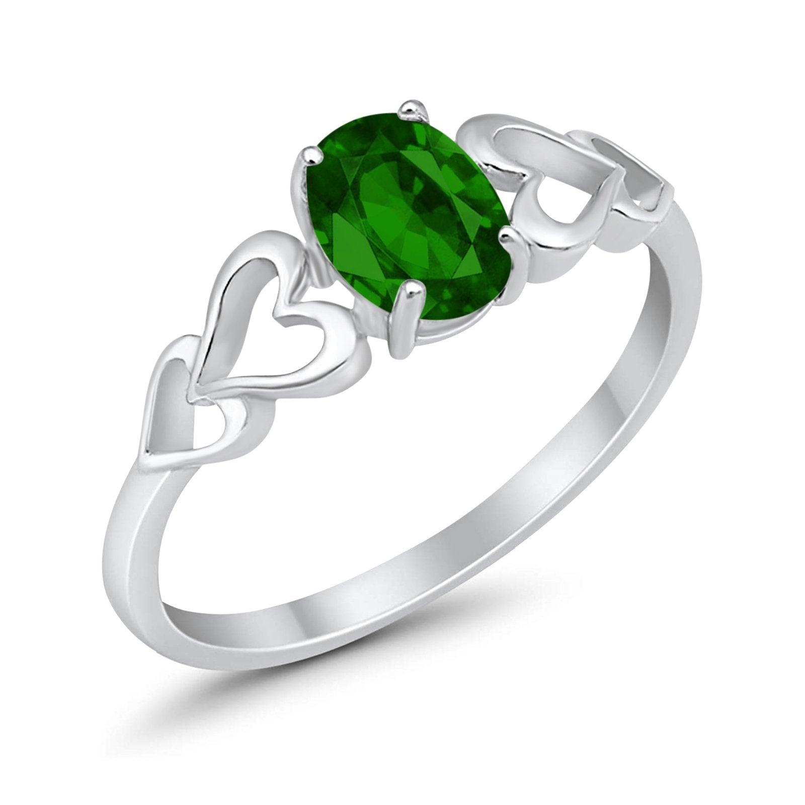 Solitaire Heart Promise Ring Oval Simulated Green Emerald CZ 925 Sterling Silver