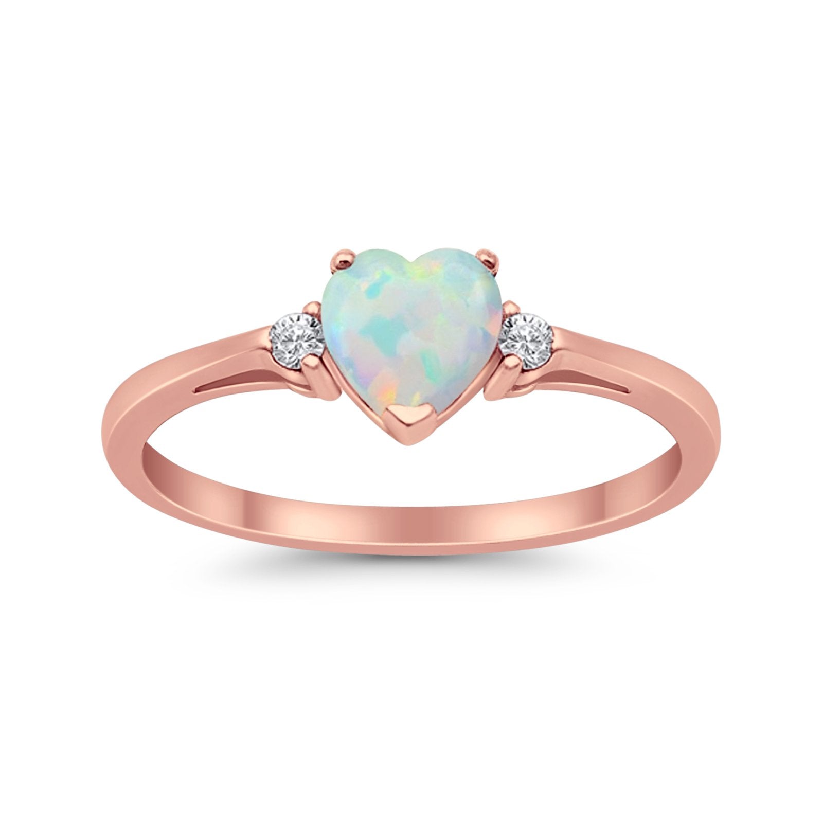 Heart Promise Rose Tone, Lab Created White Opal Wedding Ring 925 Sterling Silver