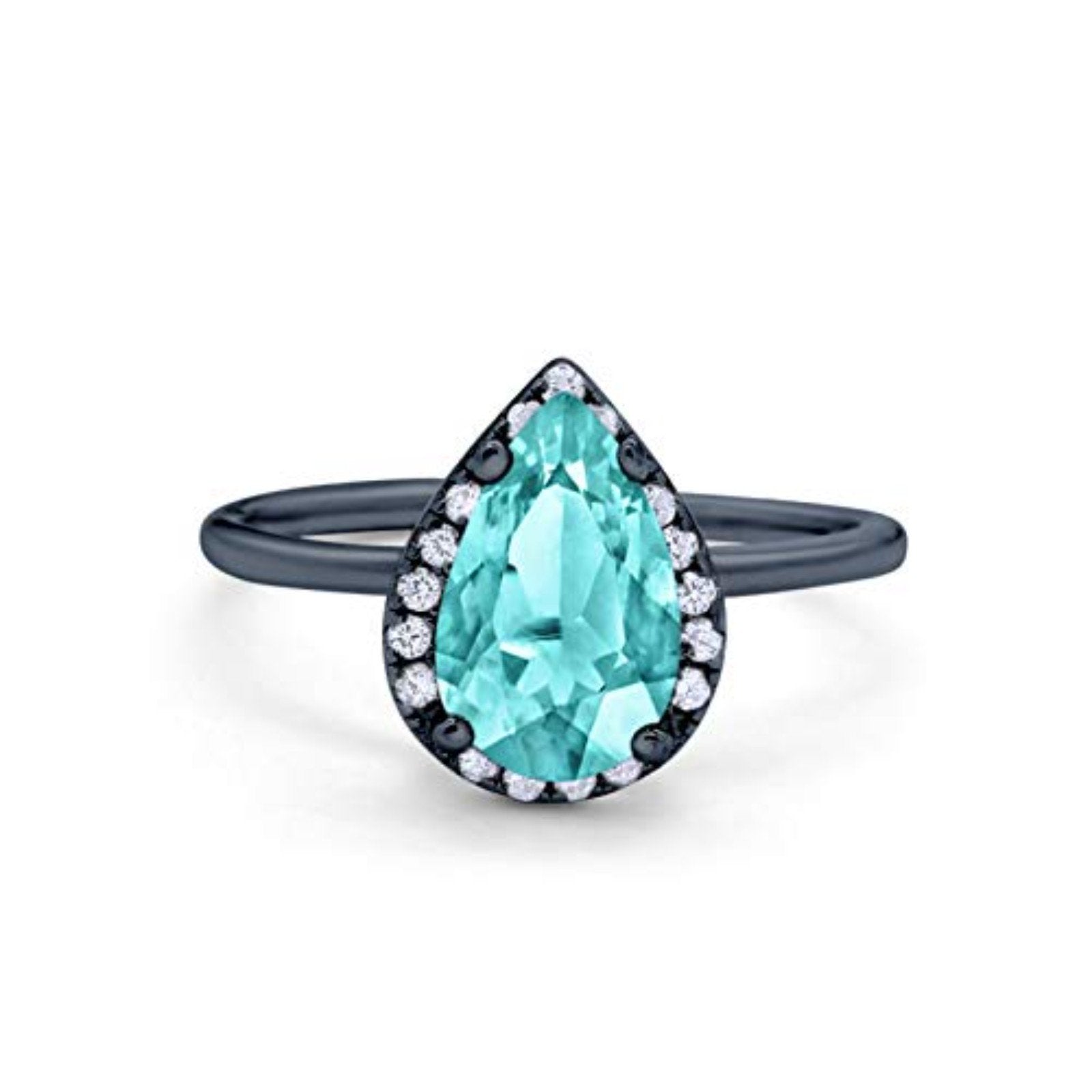 Teardrop Pear Wedding Ring Black Tone, Simulated Paraiba Tourmaline CZ 925 Sterling Silver