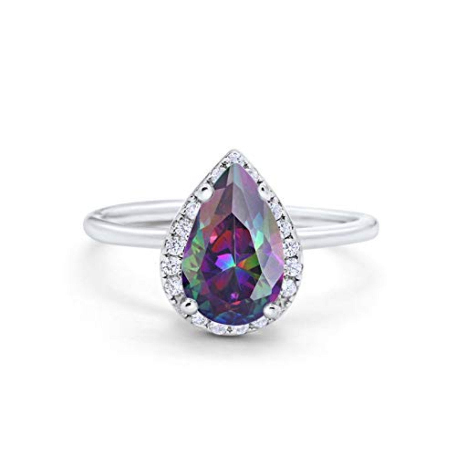 Teardrop Pear Wedding Ring Simulated Rainbow CZ 925 Sterling Silver