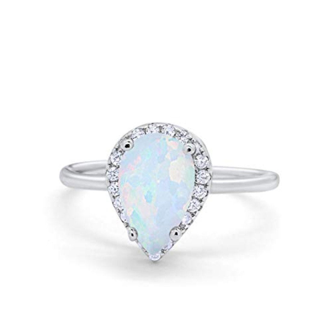Halo Teardrop Wedding Ring Round Lab Created White Opal 925 Sterling Silver